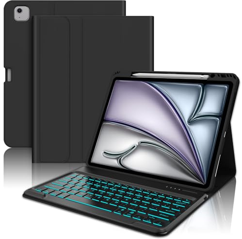 WAVATA Tangentbordsfodral för iPad Air 13 tum (M2) 2024, tangentbordsfodral för iPad Pro 12,9 tum (6:e/5/4:e/3:e gen), avtagbart Bluetooth-tangentbord, färgbakgrundsbelysning, spansk, svart