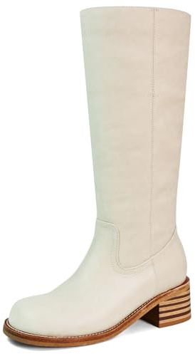 VBDB Bottes hautes à bout carré pour femme - Talon épais - Longues bottes confortables à talon bas pour femme, beige, 38 EU