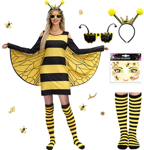 YeahBoom Costume da api da donna, Vestito Api Bambina con Cerchietto da Api et Ali, Costume di Api per Adulti, Vestiti Carnevale Bambina Ape per Halloween Carnevale Giochi di Ruolo