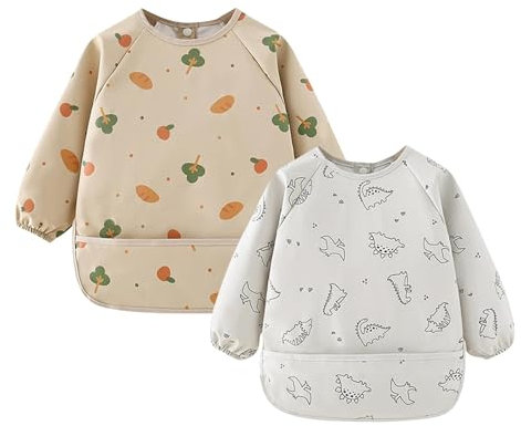 Zonoori 2 Pcs Lätzchen Baby mit Ärmeln, PU Wasserdichtes Latz mit Ärmel, Babylätzchen Ärmellätzchen von 6 bis 24 Monaten