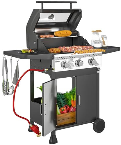 Outsunny 3 Burner Gas BBQ Trolley with See-through Lid, 7.5 kW Propane Gas Barbecue Grill with Thermometer, Wheels, Warming Rack, Shelves, Black