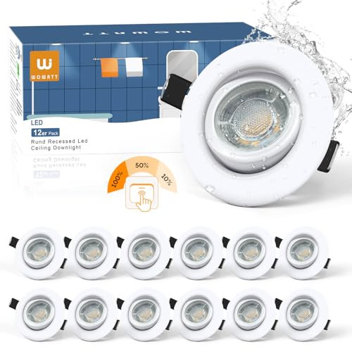 wowatt Faretti LED da Incasso per Cartongesso Dimmerabili, 5.5W 600LM Luci da Soffitto Interno Orientabili Luce Calda 2800K, IP44 Luci da Soffitto Interno Ultrasottili per Bagno, Foro 68mm, Set di 12