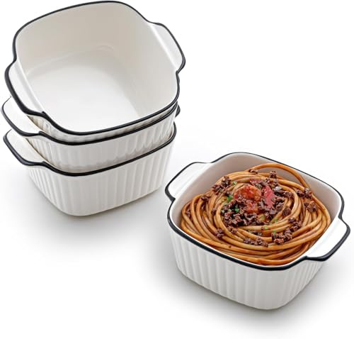13Oz Ceramic Baking Dish, 4 Pack Small Oven Dish Set, Square Individual Pie Dish with Handles, Ceramic Bakeware for Microwave & Air Fryer Safe.