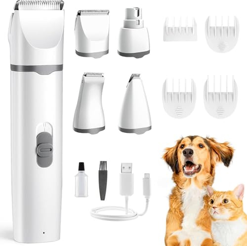 Joomouney Dogs Clippers, 4-in-1 Dog Grooming Kit, Cordless Hair Clipper for Cats, Dogs Nails Clippers with 4 Replacement Heads, USB Rechargeable & Low Noise, Dog Paw Trimmer for Small Pets (White)