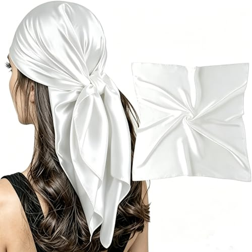 Square Satin Head Scarf, Silk Scarf, Satin Head Scarf for Women Neck Scarfs, Headscarf Bandana Hair Wraps Scarves for Hair Wrapping and Sleeping 35.4 inch (White, 1PCS)