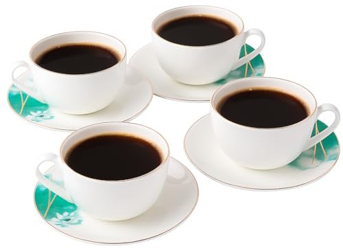 London Boutique Elegant Porcelain Large Tea and Coffee Cup Set, 300ml, White with Turquoise Marble Design, Gold Banding, Set of 4 (4) for Cappuccino Latte Mocha Americano