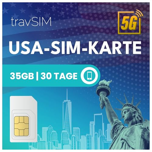 travSIM USA SIM-kort | 35 GB mobildata med 4G/5G-hastigheter för USA — Full åtkomst till Google, Facebook, Whatsapp & mer | SIM-kort USA-plan med 30 dagars giltighet