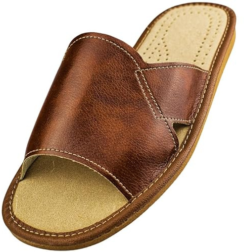 APREGGIO Hausschuhe Herren Leder Pantoletten mit offener Zehenpartie – Bequeme und rutschfeste Herrenpantoffeln aus echtem Leder Brozne Größe 43