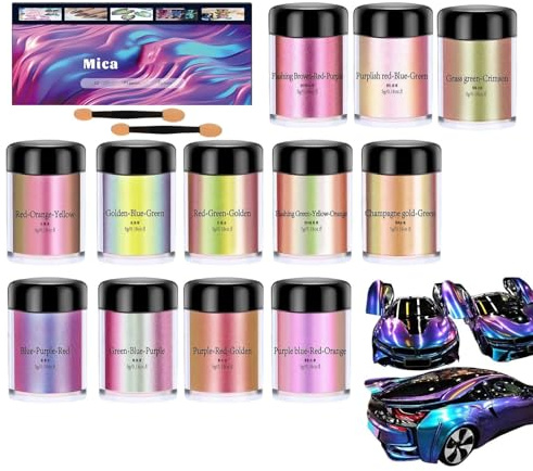 MICA-pulver, med livlig färgförändringseffekt, 12 färger x 5G, pärlemorcent epoxiharts pigmentpulver, tvålfärgande pigmentljuspulver, mångsidig, för nagellack, läppglans, bilfärg, konst