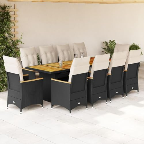 Tonture Ensemble bistro de jardin 11 pièces avec coussins, en polyrotin noir, table de 240 x 90 x 75 cm, fauteuil de relaxation réglable, meubles d'extérieur pour balcon, terrasse, jardin