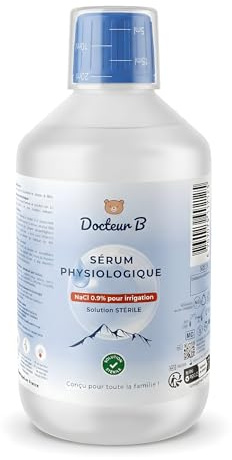 DOCTEUR B Solution saline isotonique 0,9 % NaCl - Solution saline physiologique pour le rinçage nasal, le soin du nez, l'utilisation pour bébé et le nettoyage des plaies (500 ml)