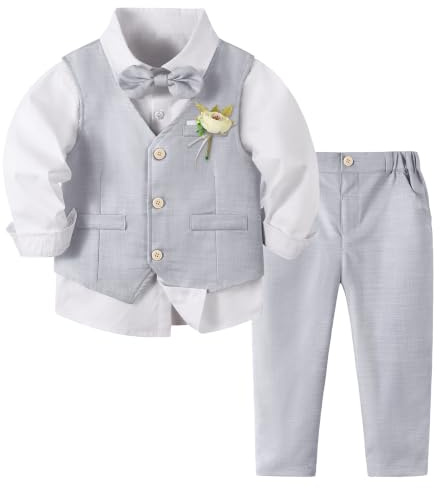 Volunboy Elegant klädset för barn, pojkar, bröllopsceremoni, kostym, 4 delar, långärmad skjorta + fluga + väst + byxor