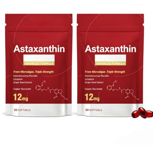 Astaxantin 12mg – färsk källa från mikroalger för antioxidanter, 60 tal | 12mg från Haematococcus pluvialis. Med lykopen, druvkärnor och vitamin E. Stödjer ögon, leder och hud