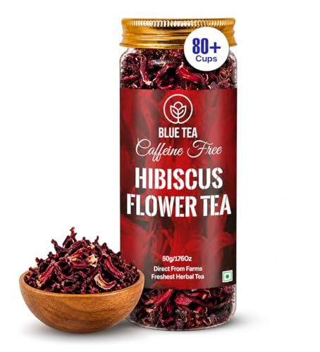 BLUE TEA - Hibiscus Tea - Classic - 50g - 80+ Cups | SKIN GLOW ENHANCING TEA, Karkade | Vitamin-C Rich | Tangy Taste - Flower Based Tea - Gluten Free | Pet Jar Pack