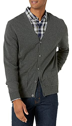 Amazon Essentials Men's Cotton Cardigan Sweater, Charcoal Heather, Medium