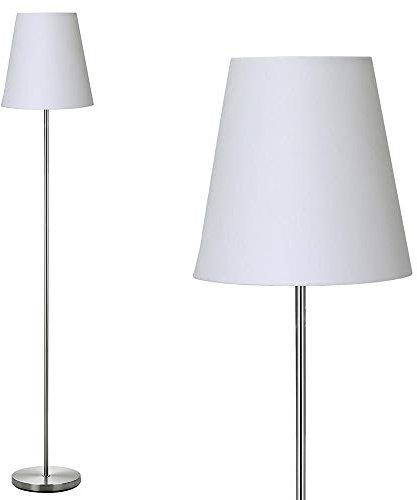 BAKAJI Lampada Piantana da Terra Luce Lampadina E27 Max 60W Base Rotonda in Metallo Cromato Paralume in Tessuto Design Moderno Accensione a Pedale Altezza 150cm (Bianco)