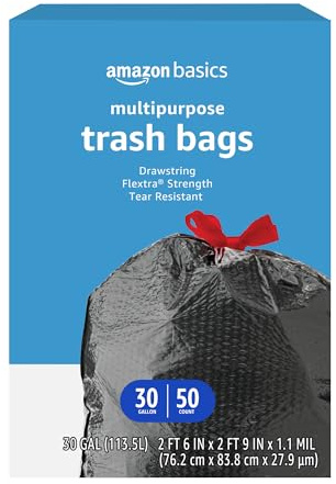 Amazon Basics Flextra Multipurpose Drawstring Trash Bags, 30 Gallon, 50 Count, Tear Resistant