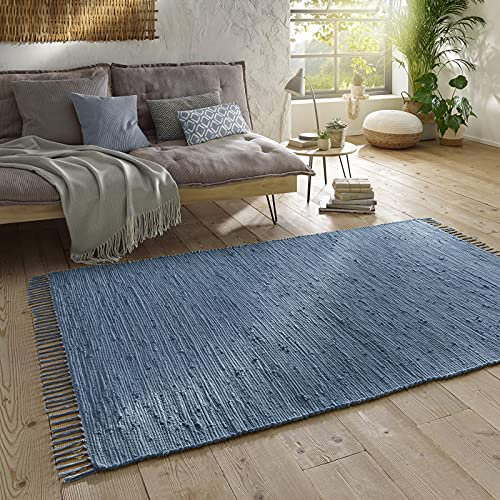 Taracarpet Handwebteppich Läufer Fleckerl Teppich Uni waschbar aus Baumwolle für Wohnzimmer und Küchenteppich 070x250 cm blau