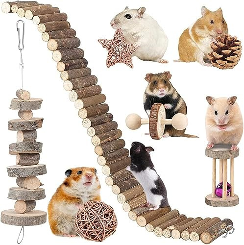 Hamster Accessories - Guinea Pig & Chinchilla Chew Toys - Suspension Bridge Set - Willow Ball & Stuff for Dwarf Syrian Chinchillas & Gerbils