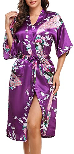 Lovasy Kimono Dressing Gowns Satin Kimono Robe Silk Dressing Gown for Women UK Long Silk Bride and Bridesmaid Robes,Dark Purple,M