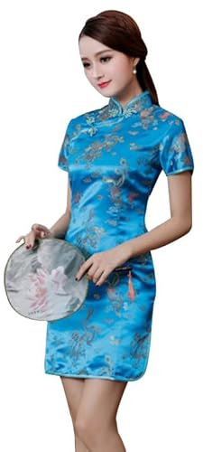 Cheongsam Dress for Women Qipao Slim Fit Short Sleeve Bodycon Mandarin Collar Side Slit Chinese Floral Print Dragon Dress (as1, Alpha, x_l, Regular, Regular, Blue Dragon)