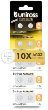 Uniross Pila Batteria AG3 LR736 LR41 1,5V Pile Alcaline a Bottone - Blister Da 10 Batterie
