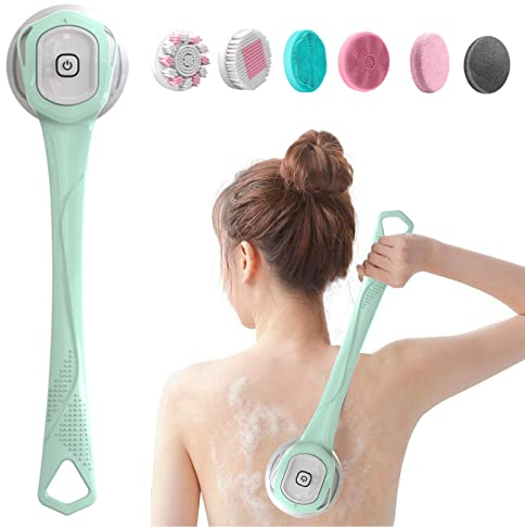 Body Brush, Rückenbürste, Duschbürste, Körperbürste, Elektrisch Rückenbürste mit Langem Stiel, Wasserdichte Wiederaufladbare mit 6 Reinigungsköpfen für Reinigung, Peeling und Entspannung (Blau)