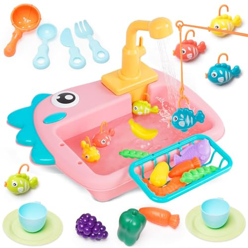 Giocattolo del Lavandino della Cucina Giocattoli Pesca,Giocattolo da Cucina Multifunzionale con Rubinetto Elettrico Aggiornato,Giocattoli educativi intelligenti per bambini 3 ai 6 Anni