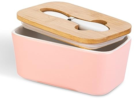 Eidoct Ceramic Butter Dish with Wooden Lid and Multi-Functional Butter Knife of Stainless Steel, 650ml, Pink