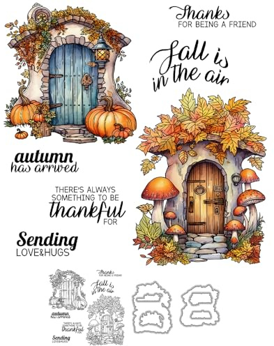 YIXUAN Autumn Pumpkins Mushrooms Home in Forest Clear Stamps and Metal Cutting Dies Set with Package Envelope Box for Card Making DIY Crafts Scrapbooking Supplies Silicone Stamps Knife Mold for Drcor