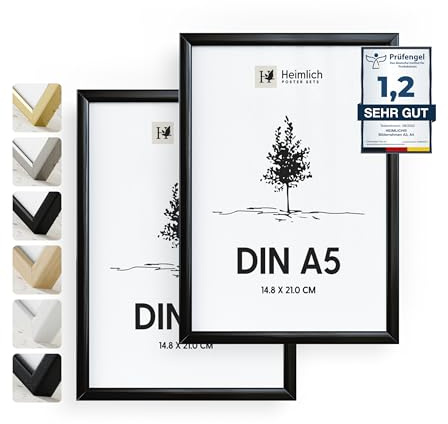 Heimlich® - Marco para fotos - A5 14,8x21 cm, Aluminio, Negro, Paquete de 2 - Marcos para diplomas, pósteres, collage con cubierta de plástico - Montaje en pared o sobremesa