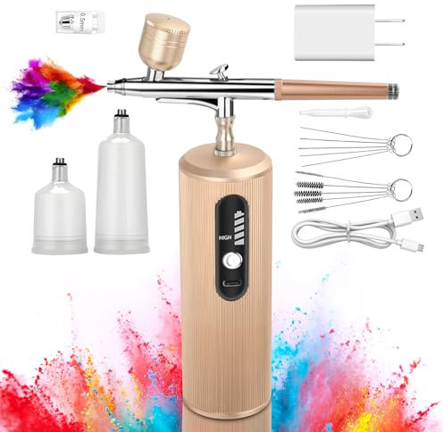 Daakro 48PSI Double Action-Airbrush-Pistole,wiederaufladbare kabellose Kompressor Airbrush mit 0.3mm Düse,pritzpistole Gun mit Kompressor für Kunst, Makeup, Kuchen Modelliermalerei（Gold）