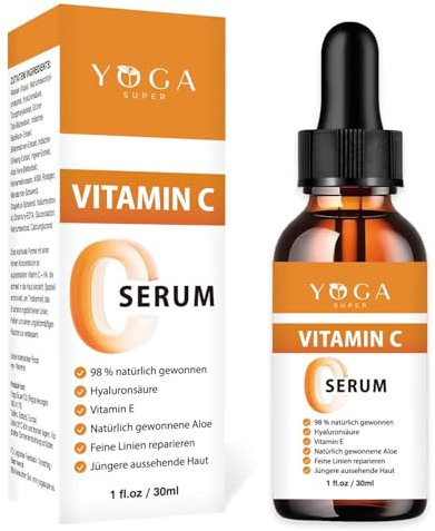 Sérum Yoga Super Vitamina C 20% con 4% de ácido hialurónico, contra manchas oscuras, arrugas y pigmentación, cuidado hidratante antiedad para todo tipo de pieles, natural y ligero