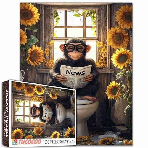 Tucocoo Monkey Farmhouse Art Jigsaw Puzzle 1000 Pieces Sunflowers Rustic Toilet Puzzles for Adults, Animal Reading Newspaper Puzzle for Challenging Family Activity Games DIY Crafts Gift Home Decor