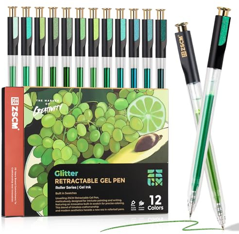 ZSCM – Stylos à encre gel rétractables à paillettes, 12 couleurs, grande capacité, vert pailleté métallisé, pointe fine de 1 mm, stylos de couleur lisse pour livres de coloriage pour adultes, prise de