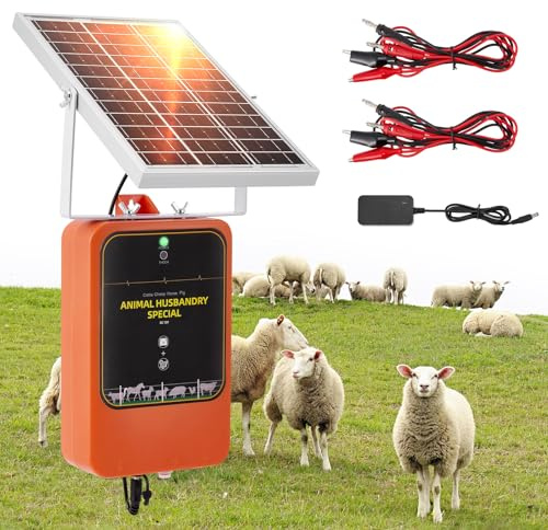 Trsaow Énergiseur de Clôture Électrique Solaire 10km, 1.2J 12kV Chargeur de Clôture Rechargeable avec Panneau Solaire & Adaptateur Secteur, IP65 Étanche pour Bétail, Ferme, Pâturage, Volaille