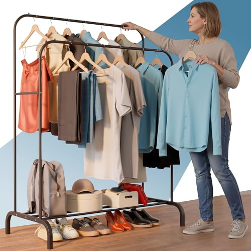 PORTENTUM Perchero burro ropa resistente de acero – hasta 35 kg – Organizador con doble barra y zapatero – Percheros de pie con pies antideslizantes – Tapas anti-caída para perchas – Montaje rápido