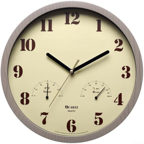 Reloj de pared analógico silencioso para exteriores con termómetro higrómetro, marco impermeable para piscina, patio, porche (gris)