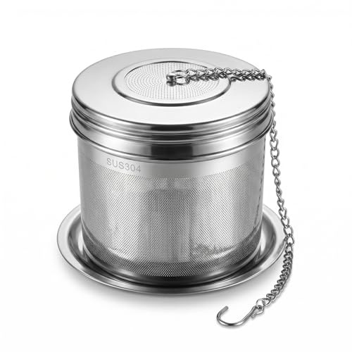 Nivofu Infusore per Tisane in Acciaio Inox 304, Filtro Tè a Maglia Fine con Coperchio e Vassoio Antigoccia, Colino per Tisane con Catena Estesa per Tazza, Teiera e Spezie, Facile da Pulire