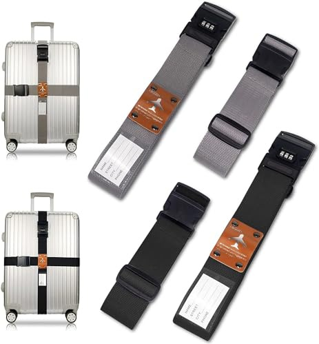 SUWEIR Luggage Straps Set (2 with Lock), Adjustable Suitcase Belts | Heavy Duty Straps for Safely Securing Suitcases, Bags & Boxes While Travelling or Moving. Ensures Easy Luggage ID