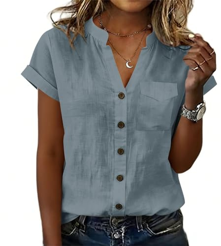 Chemisier Femme Été Manches Courtes Col Mao Blouse Boutonnée avec Poche Haut Fluide Décontracté Tunique Légère Chic Couleur Unie Top Tendance pour Vacances Plage Travail