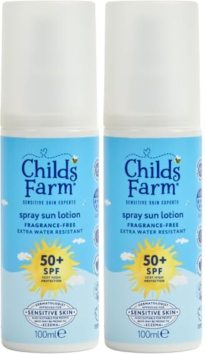 Childs Farm Kids & Baby Sun Lotion Spray SPF 50+ | UVA & UVB Very High Protection | Extra Water Resistant | Fragrance Free | Suitable for Dry, Sensitive Skin, 100ml (Pack of 2)