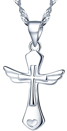 Yumilok 925 Sterling Silber Einzigartig Kreuz Engelsflügel Herz Anhänger Halskette Kette mit Anhänger für Damen Mädchen