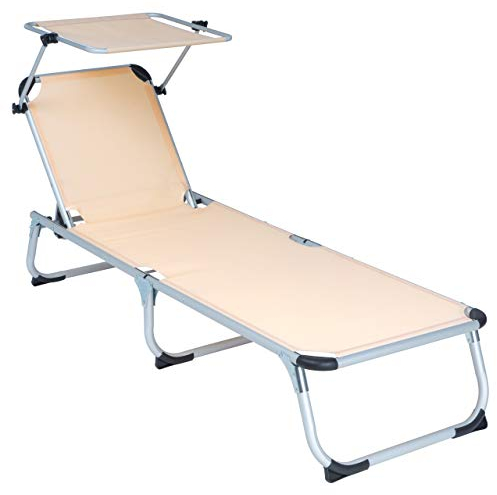 Divero Gartenliege Sonnenliege mit Dach 187x57x30 cm klappbar 5fach verstellbar Aluminiumrahmen Dreibeinliege wetterfest robust Keret (Beige)