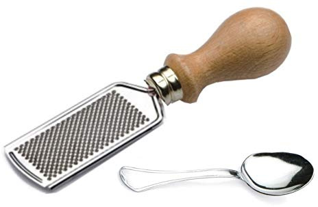 Set 2 Pezzi Grattugia con Manico in Legno + Cucchiaino Inox, Utensili da Cucina Pratici, Resistenti, Made in Italy, per Formaggi, Spezie, gratta Agrumi, grattugia Parmigiano e formaggi duri