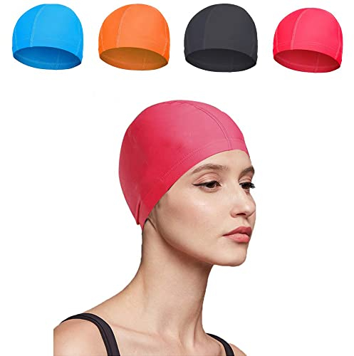 Badekappen,4 PCS Damen Herren Schwimmhaube Erwachsener Badehaube Reine Farbe Nylon Spandex Stoff Badekappe Bademütze für Kinder Jugendliche Erwachsene 10 * 5 Zoll Schwarz Blau Rot Orange