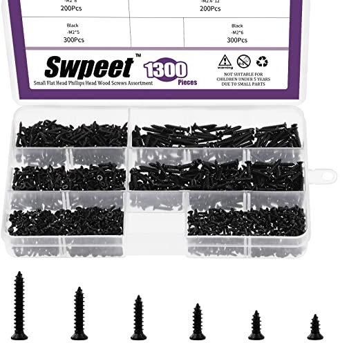 Swpeet 1295 PZ Kit combo di viti per legno piccolo, viti autofilettanti a testa croce per legno, viti autofilettanti per metallo e mobili (nero)