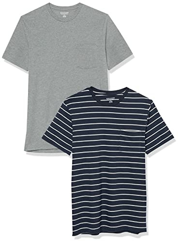 Amazon Essentials Camiseta con Bolsillo de Cuello a la Caja y Manga Corta Hombre, Pack de 2, Azul Marino Rayas/Gris Mezcla, L