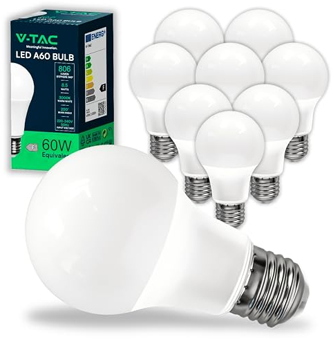 V-TAC 10x Ampoules LED culot E27 8,5W (équivalent 60W) A60-806 Lumen - Ouverture du Faisceau Lumineux 200° - Efficacité Maximale et Économie d'Énergie - 3000K Blanc Chaud