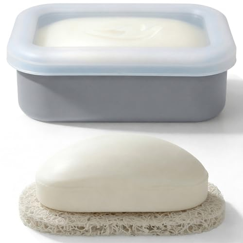 AIMAIAIMAI Compact Leakproof Travel Soap Case, Silicone Travel Soap Container, Portable Soap Box with Drainage Layer, Shatterproof Soap Holder for Bathroom, Gym (Gray)